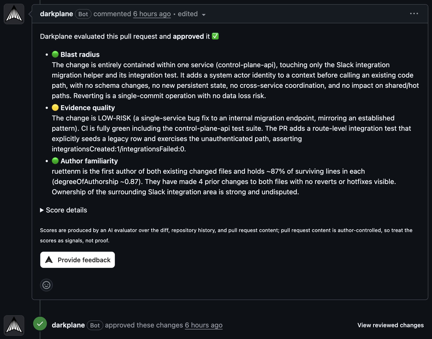 Darkplane bot comment on a pull request: evaluated and approved it, with blast radius, evidence quality, and author familiarity signals.