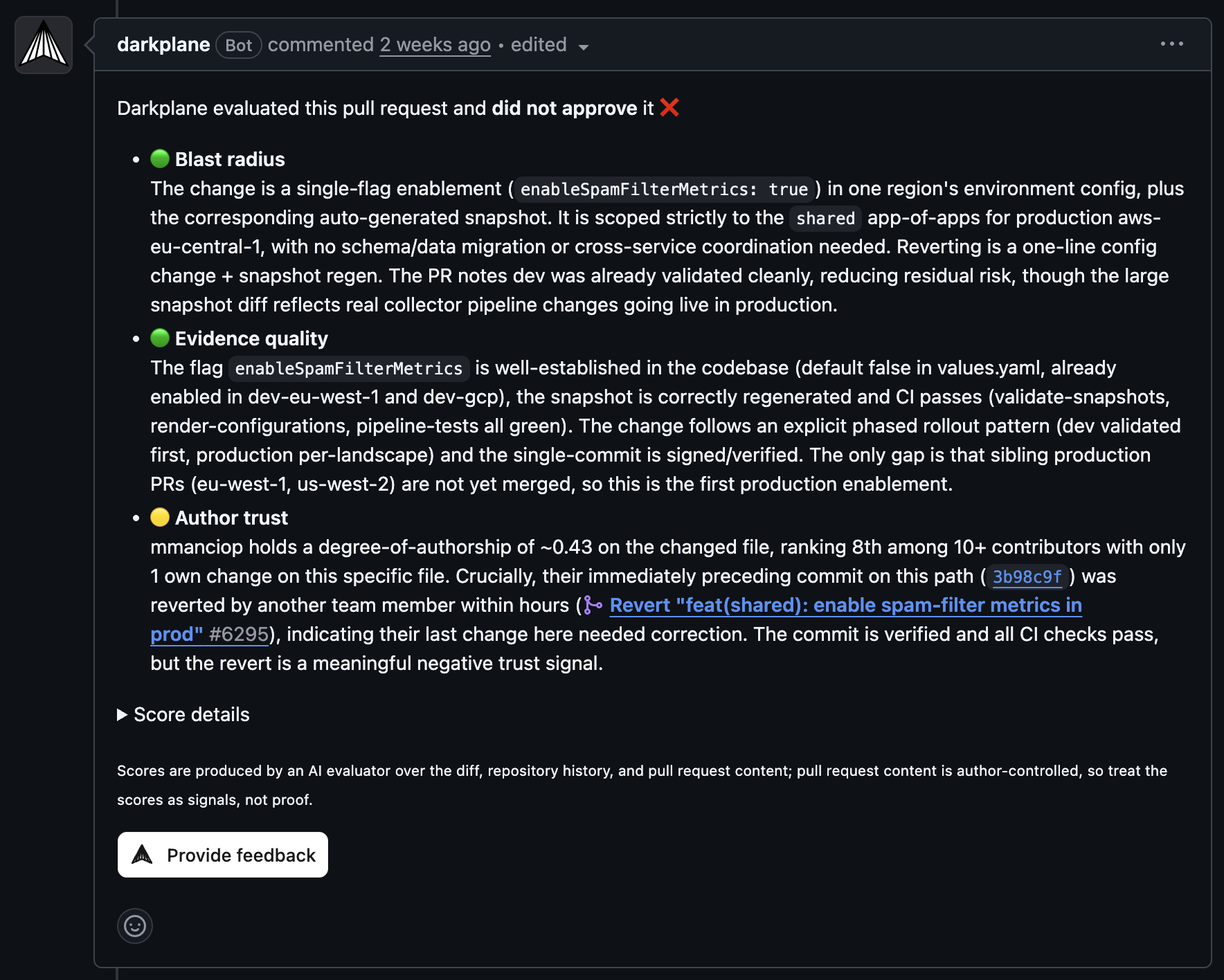 Darkplane bot comment on a pull request: evaluated and did not approve it, routing it to a human, with blast radius, evidence quality, and author trust signals.