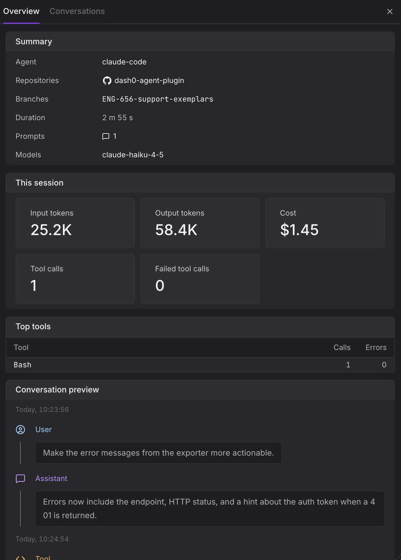 Session detail panel in Dash0: one Claude Code session with its tokens, cost, tool calls, and conversation preview.